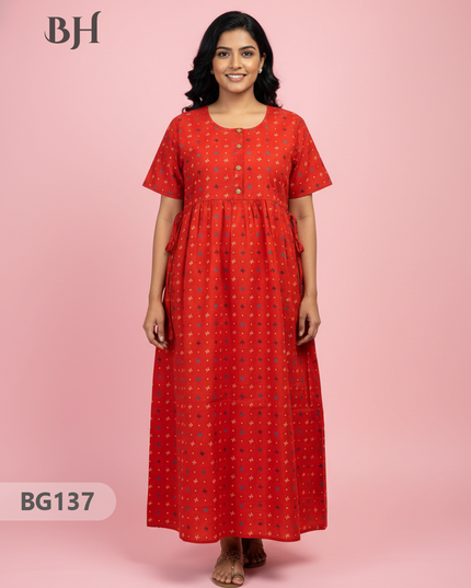 Cotton Frock Nighty with Knot & Pocket | Comfortable Free Size Nightwear