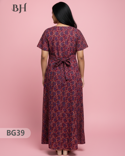 Cotton Frock Nighty with Knot & Pocket | Comfortable Free Size Nightwear