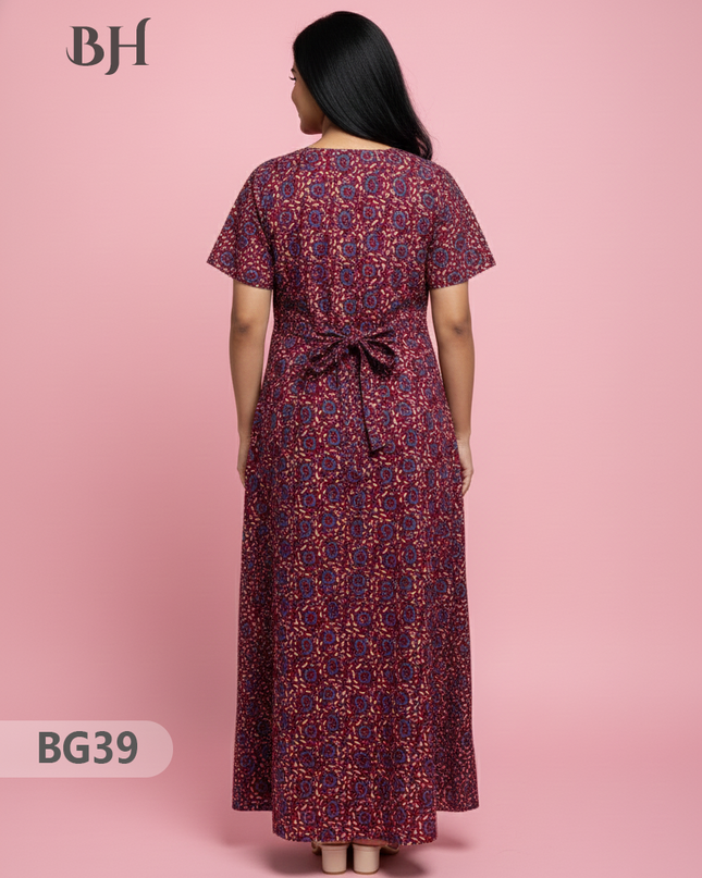 Cotton Frock Nighty with Knot & Pocket | Comfortable Free Size Nightwear