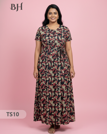Cotton Frock Nighty with Knot & Pocket | Comfortable Free Size Nightwear