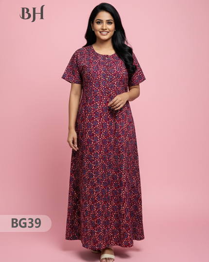 Cotton Frock Nighty with Knot & Pocket | Comfortable Free Size Nightwear