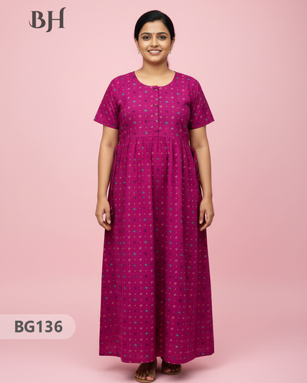 Cotton Frock Nighty with Knot & Pocket | Comfortable Free Size Nightwear