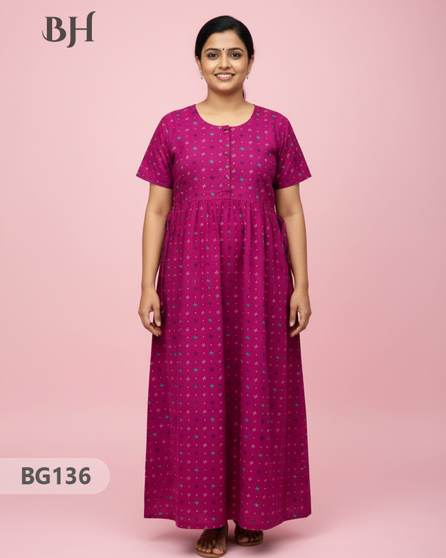 Cotton Frock Nighty with Knot & Pocket | Comfortable Free Size Nightwear
