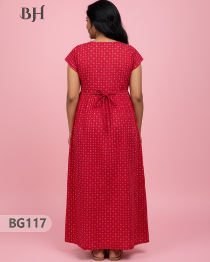 Cotton Frock Nighty with Knot & Pocket | Comfortable Free Size Nightwear