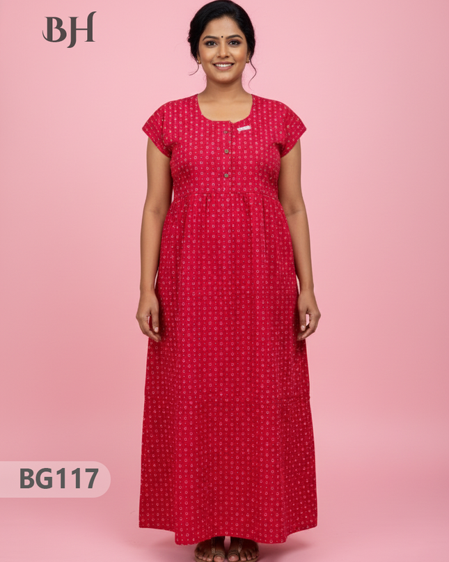 Cotton Frock Nighty with Knot & Pocket | Comfortable Free Size Nightwear