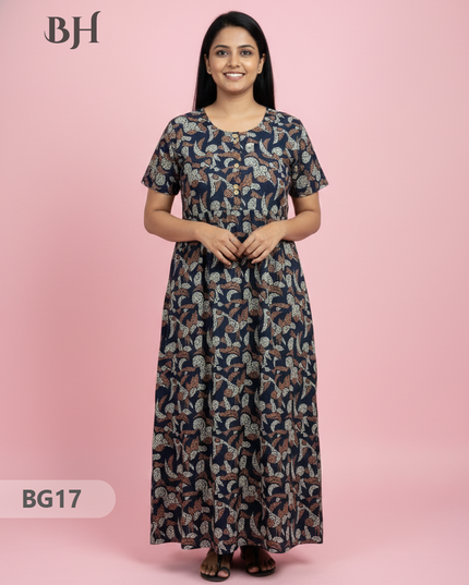 Cotton Frock Nighty with Knot & Pocket | Comfortable Free Size Nightwear