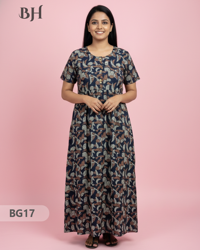 Cotton Frock Nighty with Knot & Pocket | Comfortable Free Size Nightwear