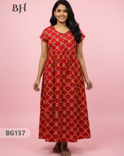 Cotton Frock Nighty with Knot & Pocket | Comfortable Free Size Nightwear