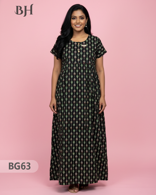 Cotton Frock Nighty with Knot & Pocket | Comfortable Free Size Nightwear