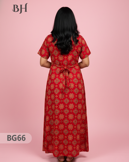 Cotton Frock Nighty with Knot & Pocket | Comfortable Free Size Nightwear