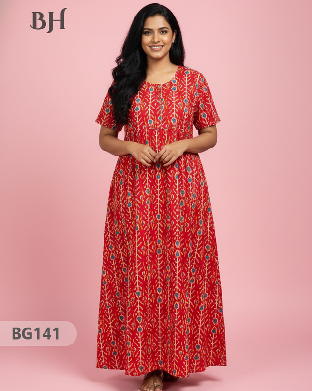 Cotton Frock Nighty with Knot & Pocket | Comfortable Free Size Nightwear