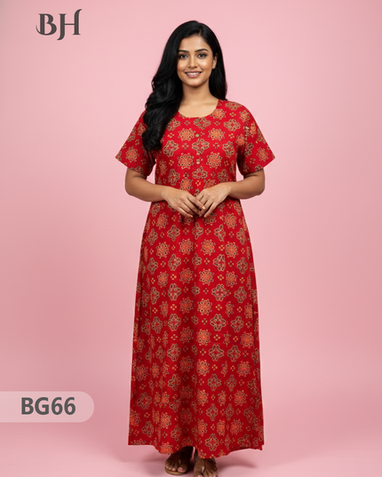 Cotton Frock Nighty with Knot & Pocket | Comfortable Free Size Nightwear