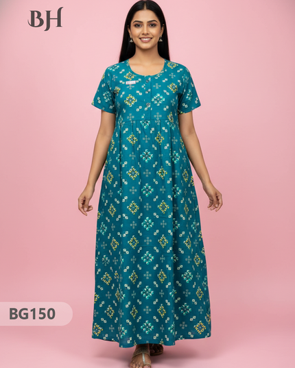 Cotton Frock Nighty with Knot & Pocket | Comfortable Free Size Nightwear