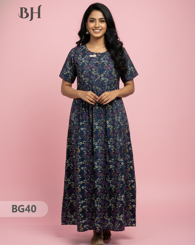 Cotton Frock Nighty with Knot & Pocket | Comfortable Free Size Nightwear