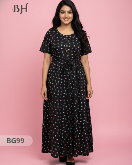 Cotton Frock Nighty with Knot & Pocket | Comfortable Free Size Nightwear