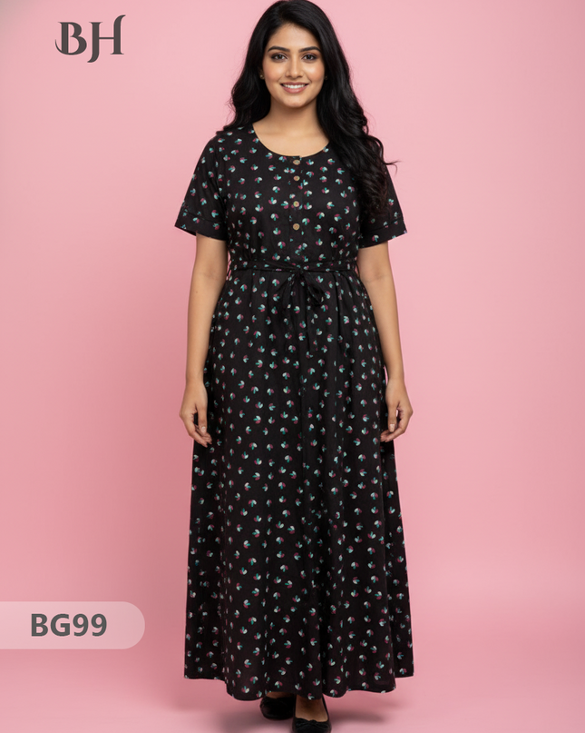 Cotton Frock Nighty with Knot & Pocket | Comfortable Free Size Nightwear