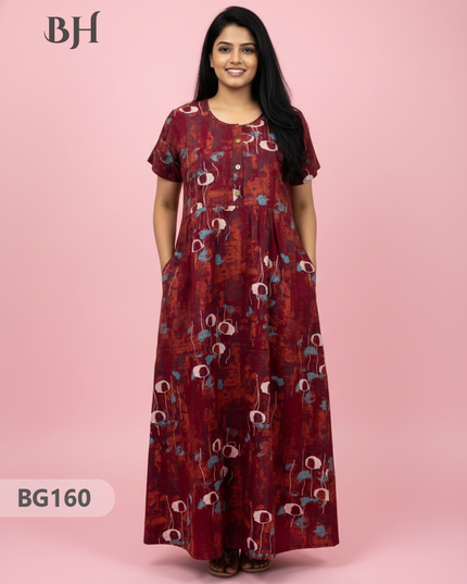 Cotton Frock Nighty with Knot & Pocket | Comfortable Free Size Nightwear