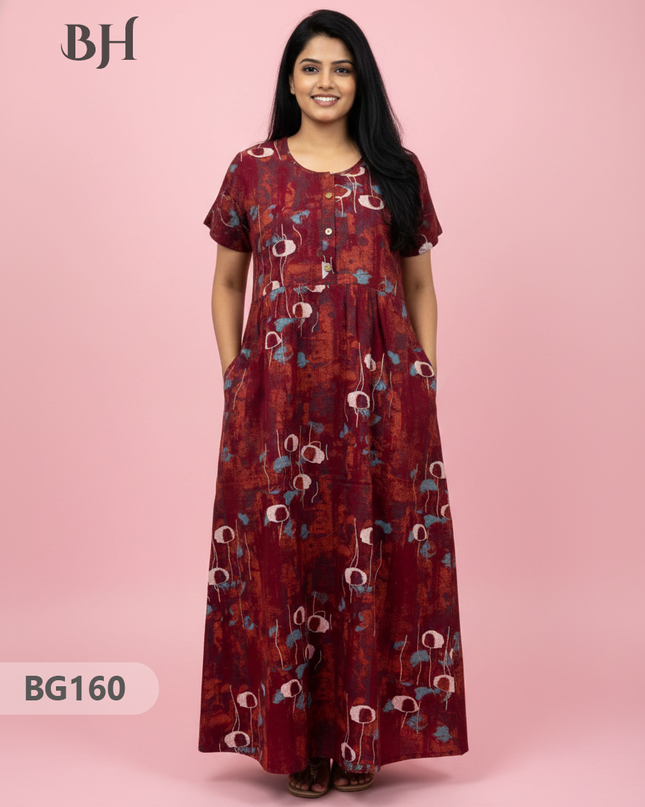 Cotton Frock Nighty with Knot & Pocket | Comfortable Free Size Nightwear