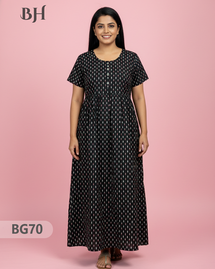 Cotton Frock Nighty with Knot & Pocket | Comfortable Free Size Nightwear