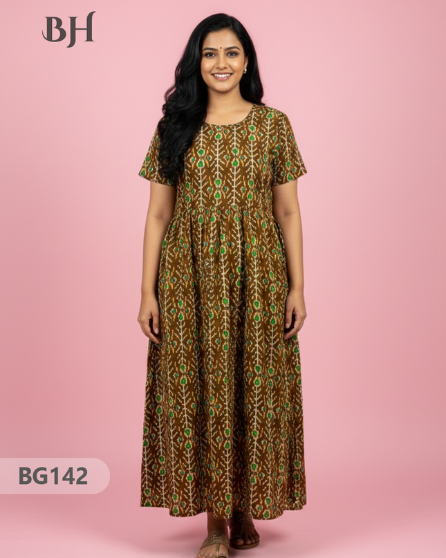 Cotton Frock Nighty with Knot & Pocket | Comfortable Free Size Nightwear