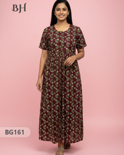 Cotton Frock Nighty with Knot & Pocket | Comfortable Free Size Nightwear