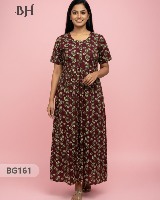 Cotton Frock Nighty with Knot & Pocket | Comfortable Free Size Nightwear