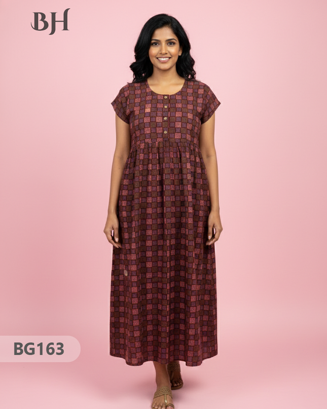 Cotton Frock Nighty with Knot & Pocket | Comfortable Free Size Nightwear