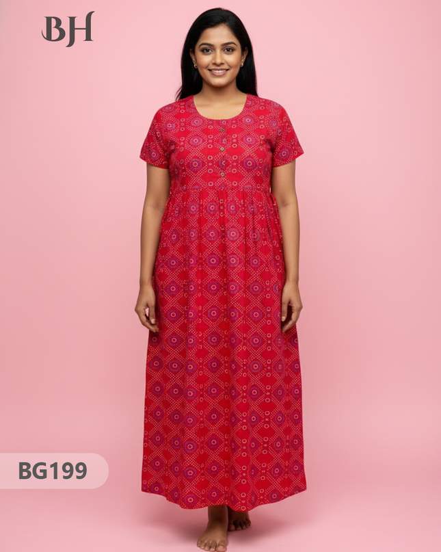 Cotton Frock Nighty with Knot & Pocket | Comfortable Free Size Nightwear