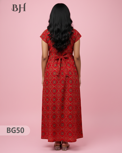 Cotton Frock Nighty with Knot & Pocket | Comfortable Free Size Nightwear