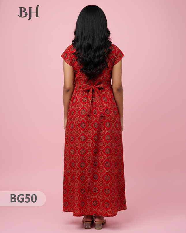 Cotton Frock Nighty with Knot & Pocket | Comfortable Free Size Nightwear