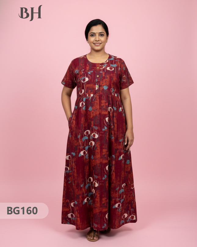 Cotton Frock Nighty with Knot & Pocket | Comfortable Free Size Nightwear