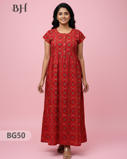 Cotton Frock Nighty with Knot & Pocket | Comfortable Free Size Nightwear