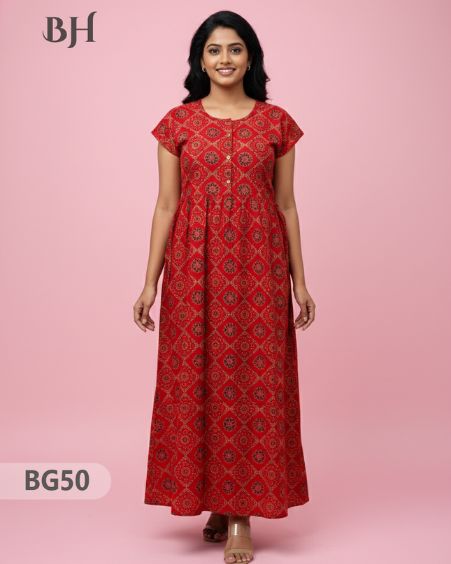 Cotton Frock Nighty with Knot & Pocket | Comfortable Free Size Nightwear