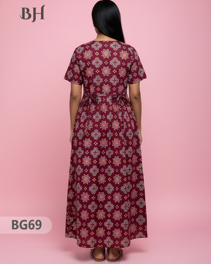 Cotton Frock Nighty with Knot & Pocket | Comfortable Free Size Nightwear