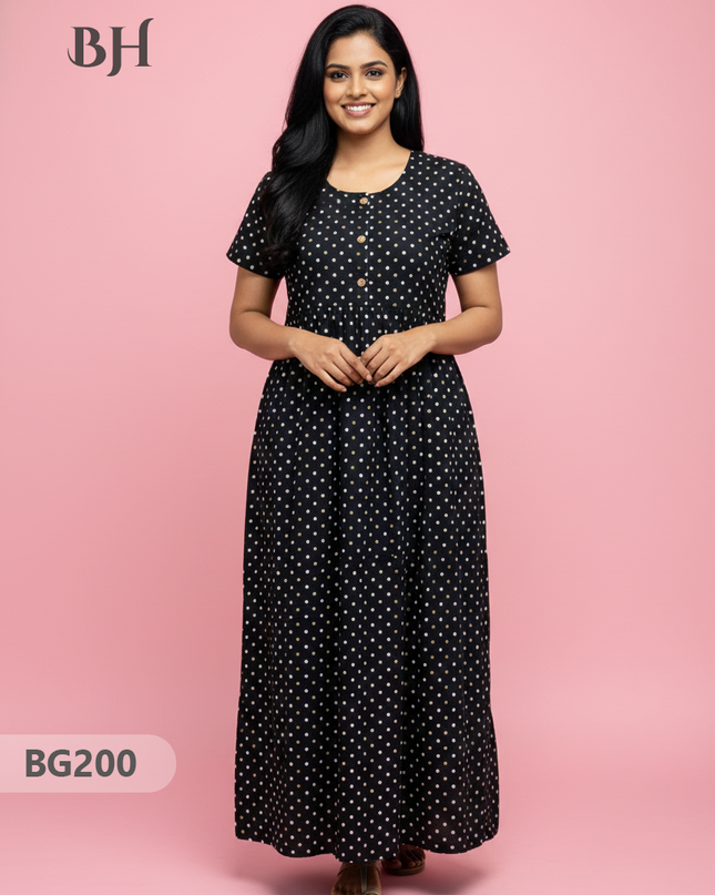 Cotton Frock Nighty with Knot & Pocket | Comfortable Free Size Nightwear