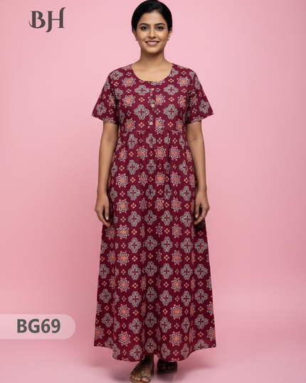 Cotton Frock Nighty with Knot & Pocket | Comfortable Free Size Nightwear