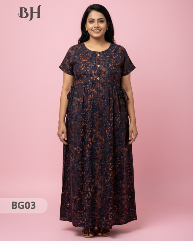 Cotton Frock Nighty with Knot & Pocket | Comfortable Free Size Nightwear