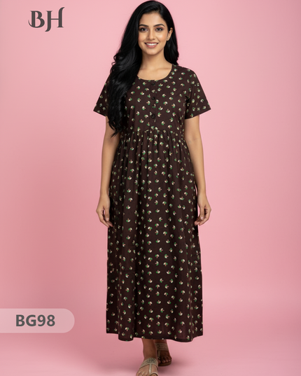 Cotton Frock Nighty with Knot & Pocket | Comfortable Free Size Nightwear