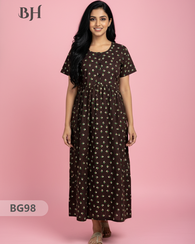 Cotton Frock Nighty with Knot & Pocket | Comfortable Free Size Nightwear