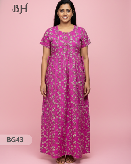 Cotton Frock Nighty with Knot & Pocket | Comfortable Free Size Nightwear