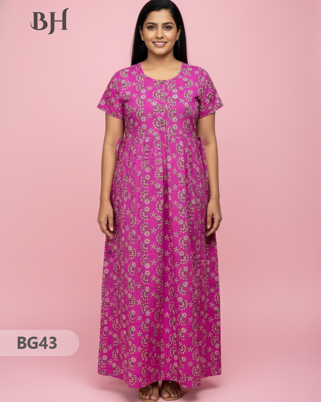 Cotton Frock Nighty with Knot & Pocket | Comfortable Free Size Nightwear