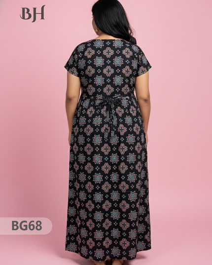 Cotton Frock Nighty with Knot & Pocket | Comfortable Free Size Nightwear