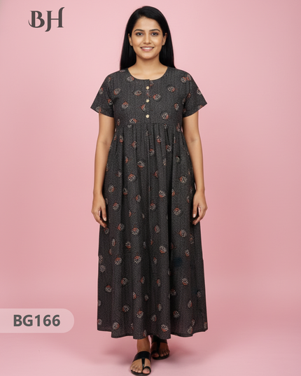 Cotton Frock Nighty with Knot & Pocket | Comfortable Free Size Nightwear