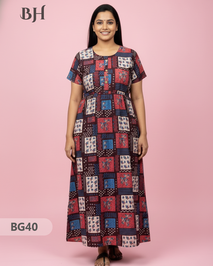 Cotton Frock Nighty with Knot & Pocket | Comfortable Free Size Nightwear