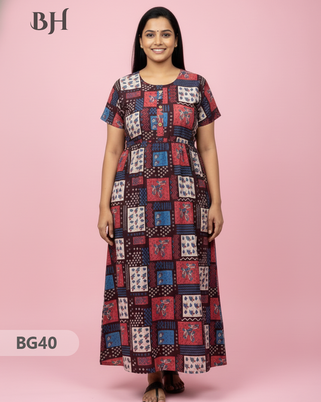 Cotton Frock Nighty with Knot & Pocket | Comfortable Free Size Nightwear