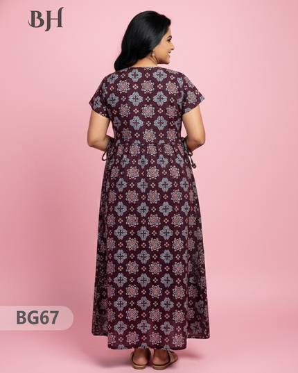 Cotton Frock Nighty with Knot & Pocket | Comfortable Free Size Nightwear