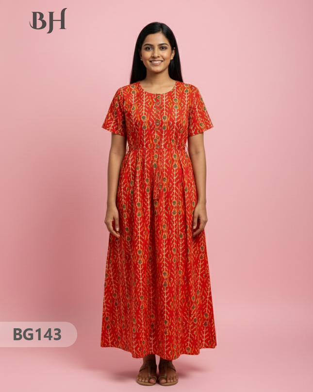 Cotton Frock Nighty with Knot & Pocket | Comfortable Free Size Nightwear