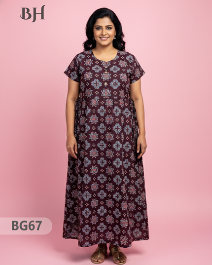 Cotton Frock Nighty with Knot & Pocket | Comfortable Free Size Nightwear