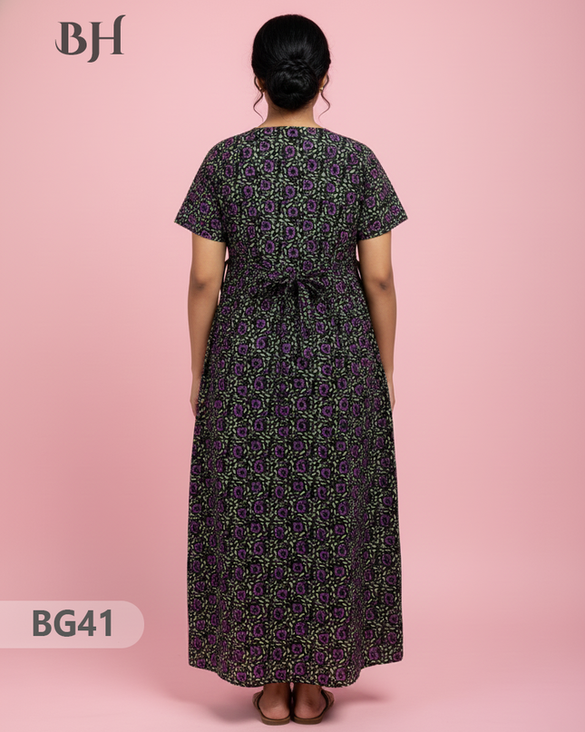 Cotton Frock Nighty with Knot & Pocket | Comfortable Free Size Nightwear