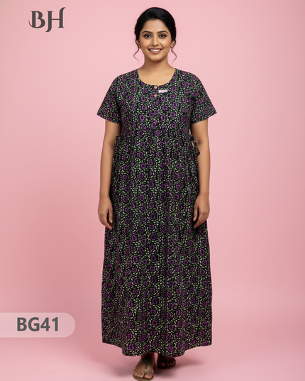 Cotton Frock Nighty with Knot & Pocket | Comfortable Free Size Nightwear